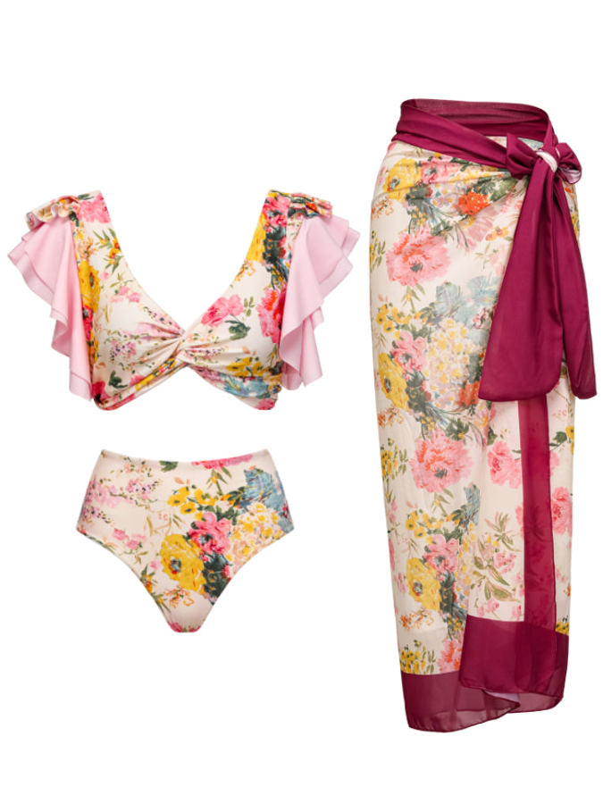Floral Colorblock Print Swimsuit and Cover-up