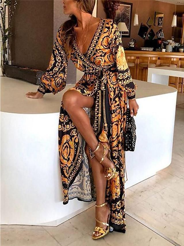 Women Retro Dresses Bohemian Floral Print Gold Color Deep V Neck Maxi Dress