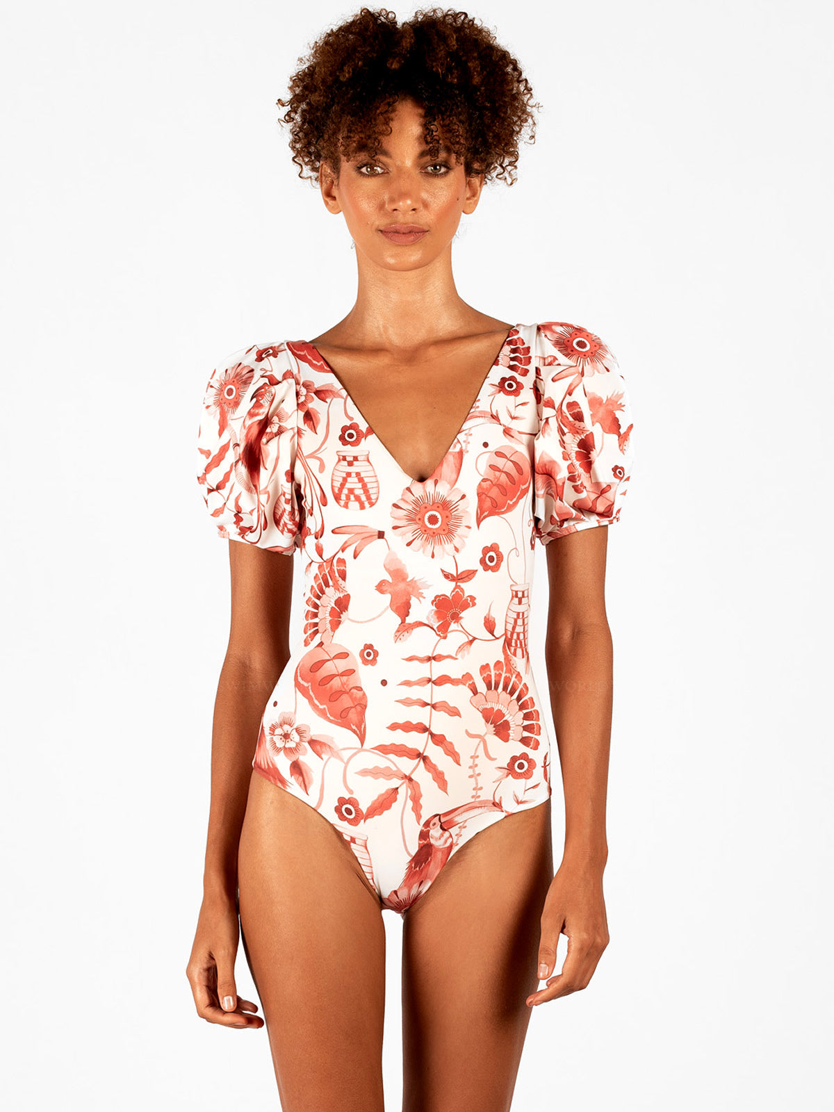 V Neck Puff Sleeves Printed One Piece Swimsuit