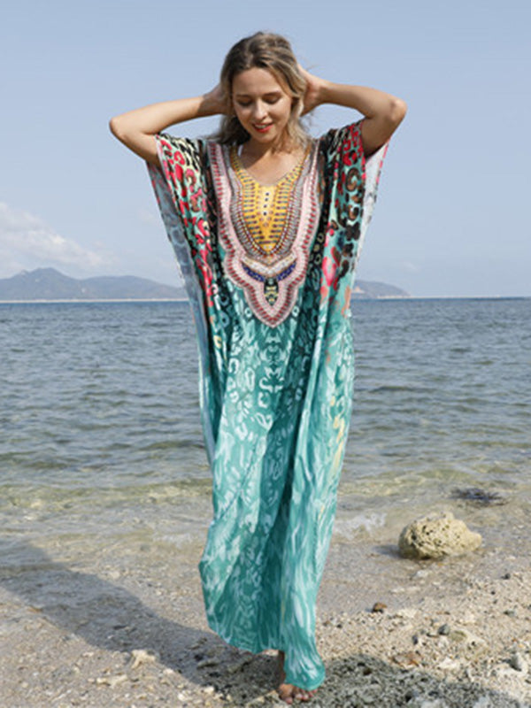 Half Sleeve V-Neck Floral Printed Split-Side Cover-Up Swimwear