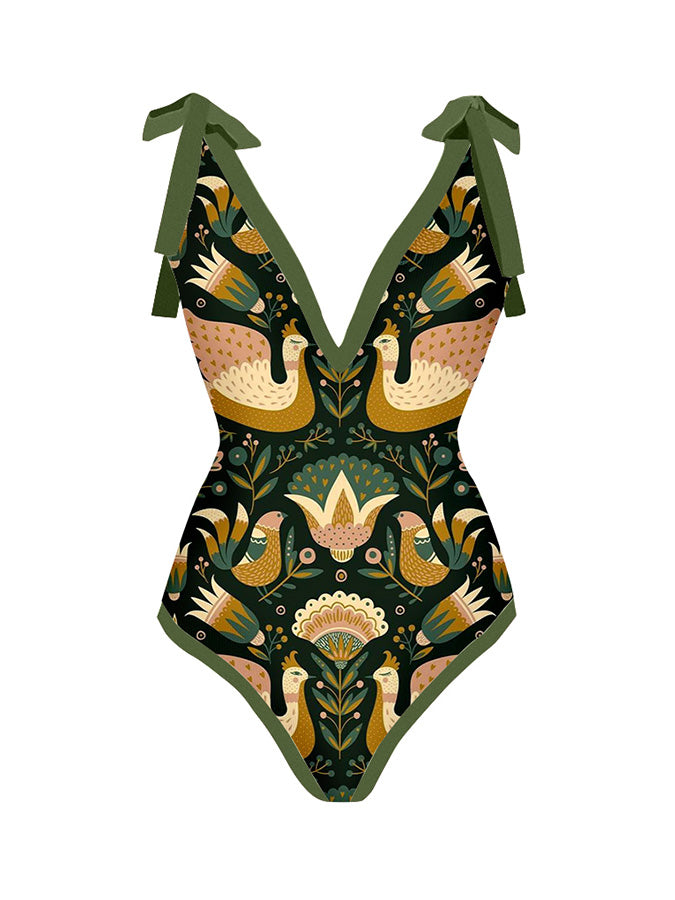 Vintage Print Tie One Piece Swimsuit
