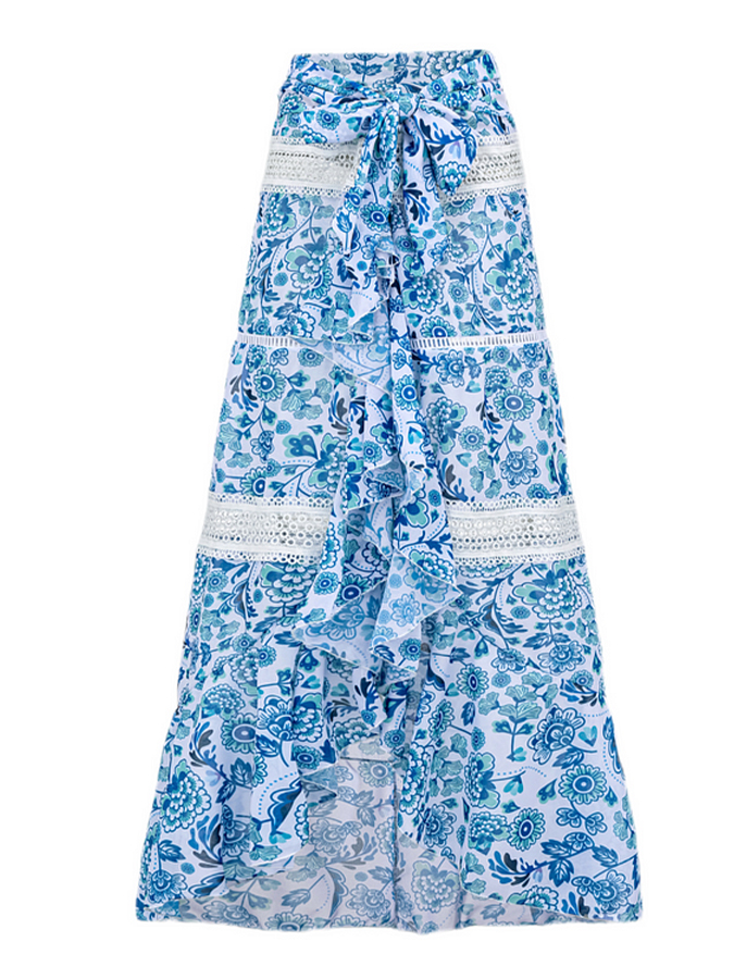 Blue Printed Panel Lace Swimsuit and Skirt