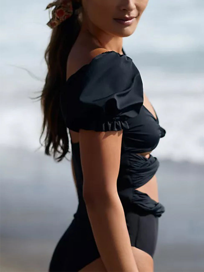 Deep V Solid Color One Piece Swimsuit