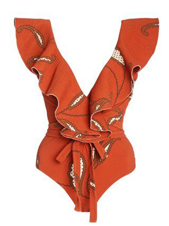 Ruffled Printed One-piece Swimsuit Set