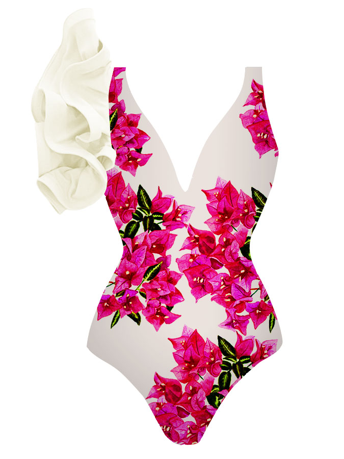 Bougainvillea print one-piece swimsuit and cover-up