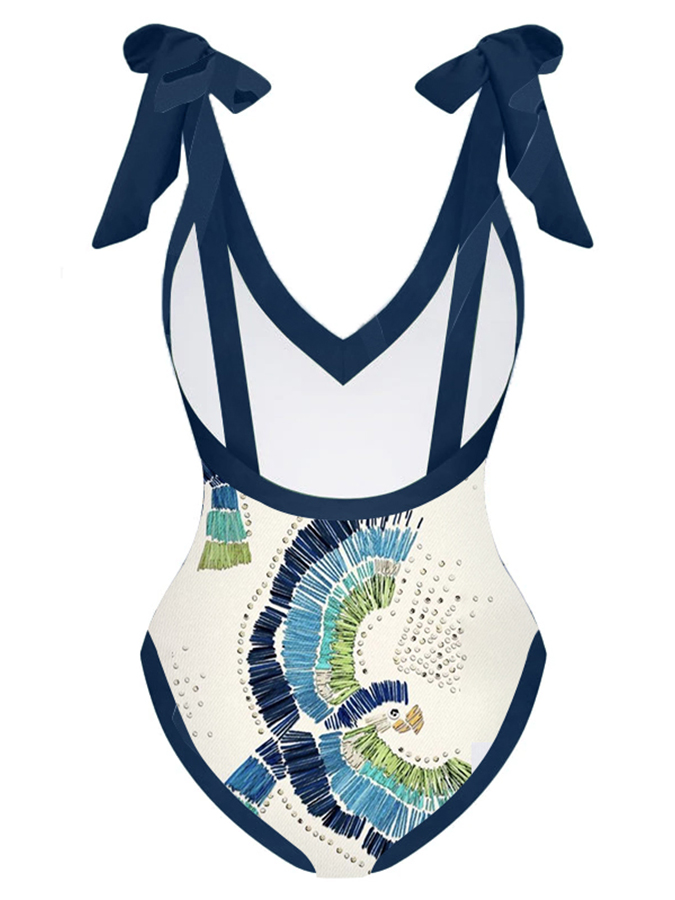 Deep V Print One Piece Swimsuit Set