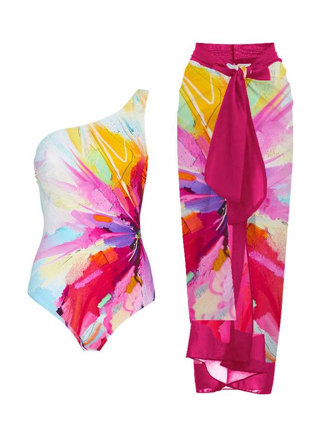 Oil Painting Brushstrokes Printing One Shoulder One Piece Swimsuit And Cover up