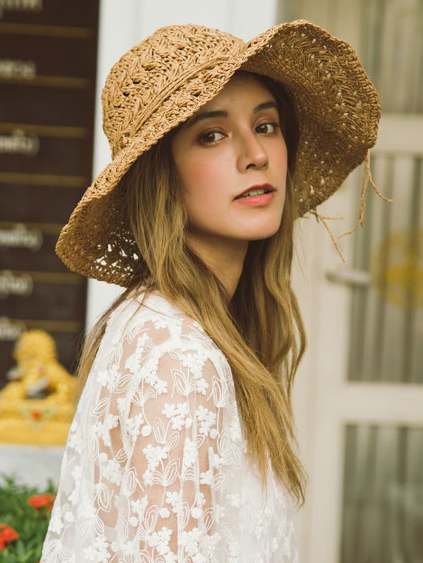 Sunscreen Solid Color Straw Woven Hollow Breathable Foldable Hat