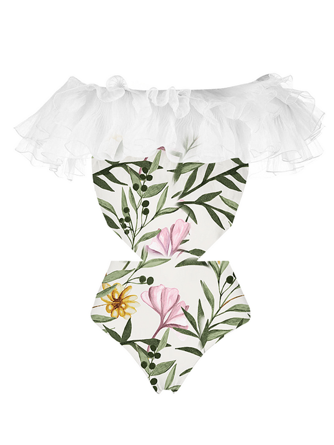 Ruffle One Shoulder Floral Printed Swimsuit and Skirt