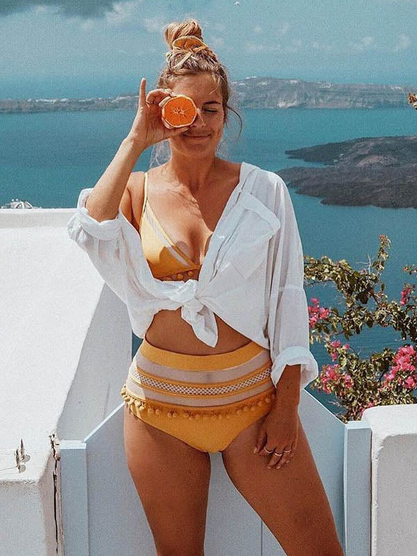 Simple Solid Color Button Long Sleeve Shirt-Style Cover-Up Swimwear