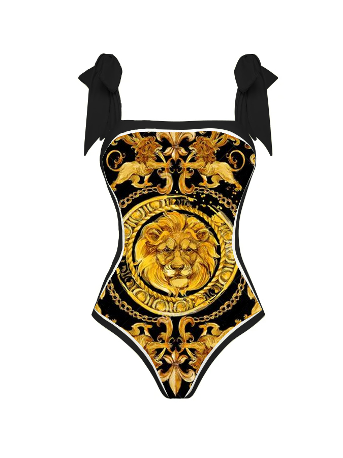 Gold Lion Pattern Print Reversible One Piece Swimsuit And Cover up