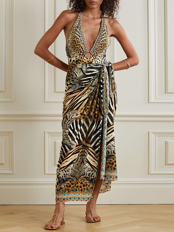 Vintage V-Neck Animal Print Beach One-Piece Swimsuit