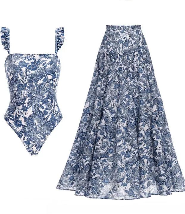 Blue Dragonfly Printed Swimsuit and Skirt