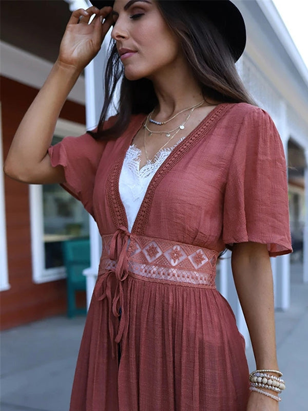 Deep V-Neck Solid Color Empire Bandage Lace-Up Cover-Up Swimwear