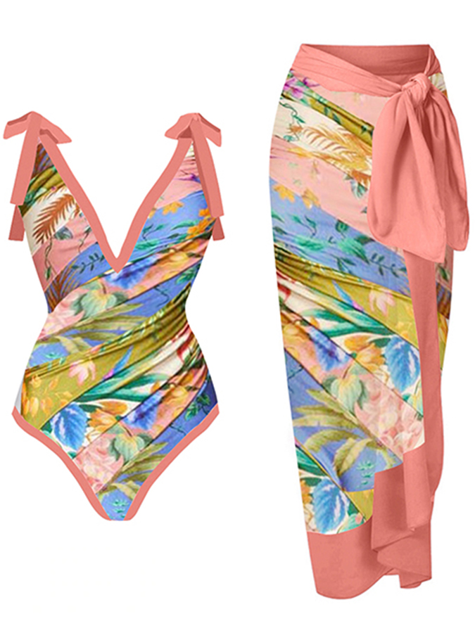 Deep V Vintage Print One Piece Swimsuit Set