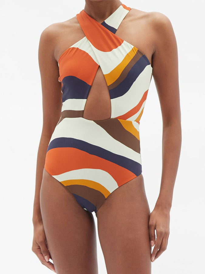 Fashion Colorblock Print One Piece Swimsuit and Cover Up