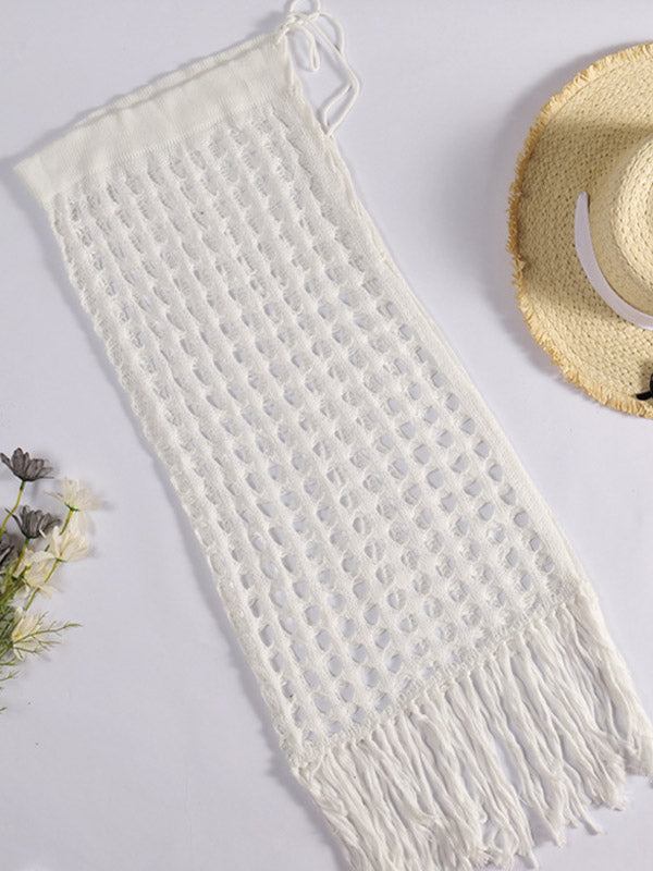 Knitted Hollow See-Through Split-Side Tasseled Cover-Up Swimwear