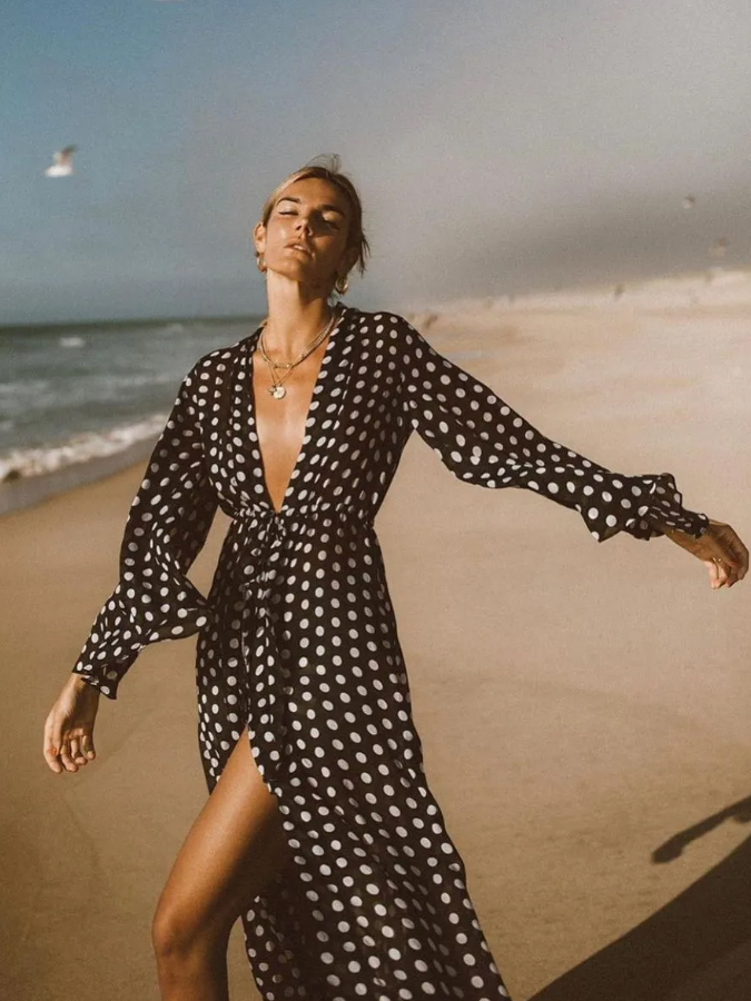 Polka-dot print one piece swimsuits and kimonos