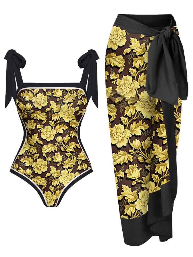 Reversible Bowknot Tie-shoulder One Piece Swimsuit and Sarong