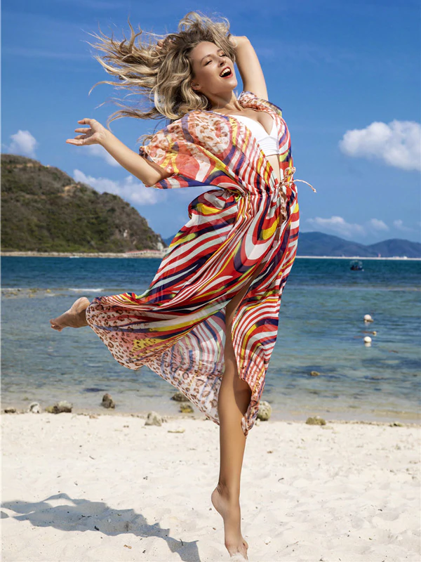 Chiffon Short Sleeve V-Neck Drawstring Cover-Up Swimwear