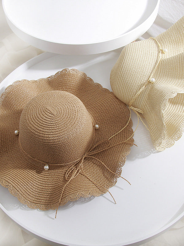 Wavy Edge Straw Woven Breathable Beaded Decorated Hat