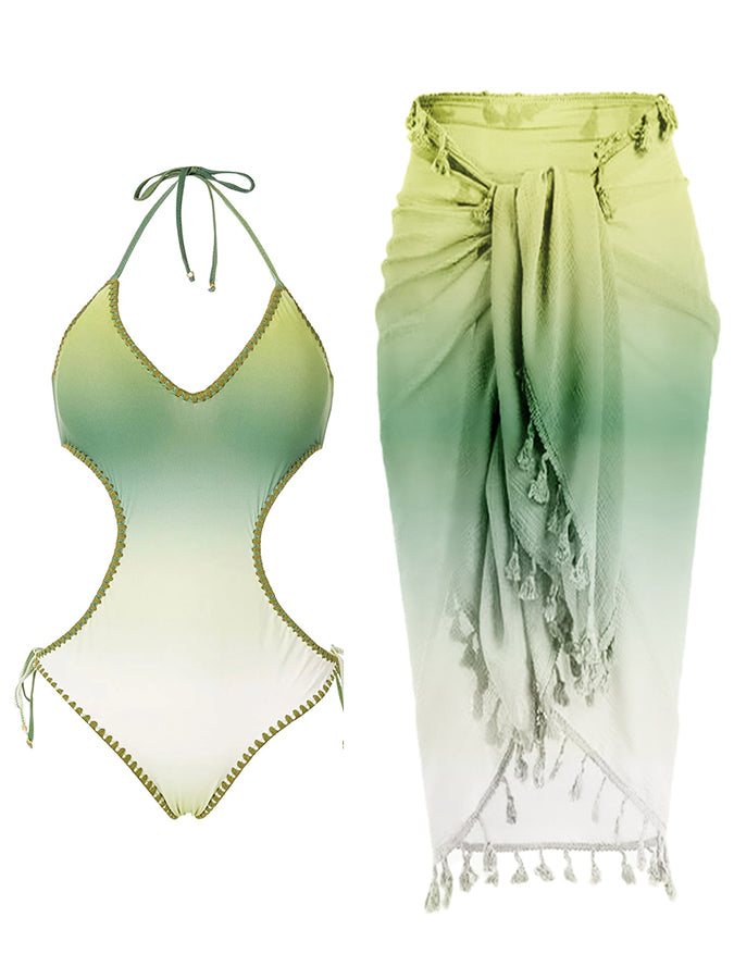 Fashion Colorblock Gradient Print Fringe One Piece Swimsuit Set