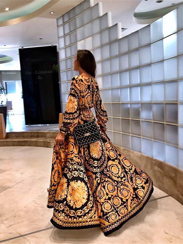 Women Retro Dresses Bohemian Floral Print Gold Color Deep V Neck Maxi Dress