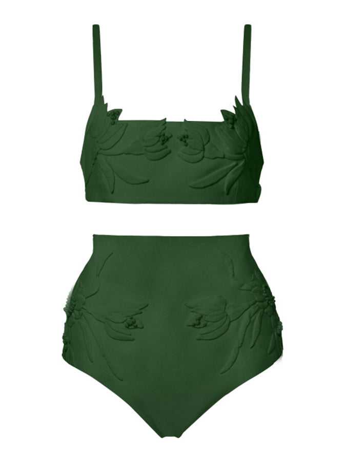 Solid Color Embossed Pattern Fashion Bikini Swimsuit