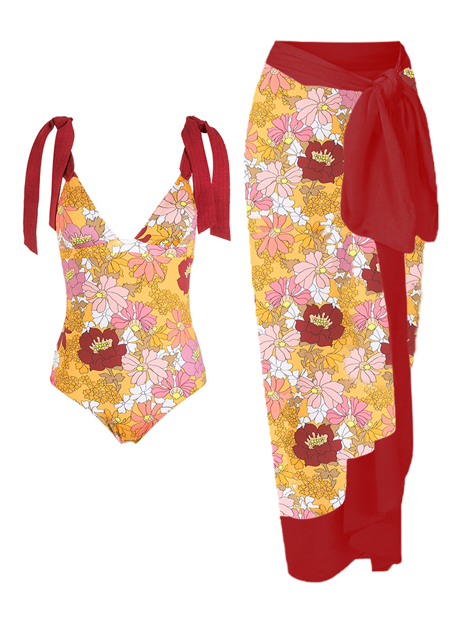 Floral Print One Piece Swimsuit and Cover Up