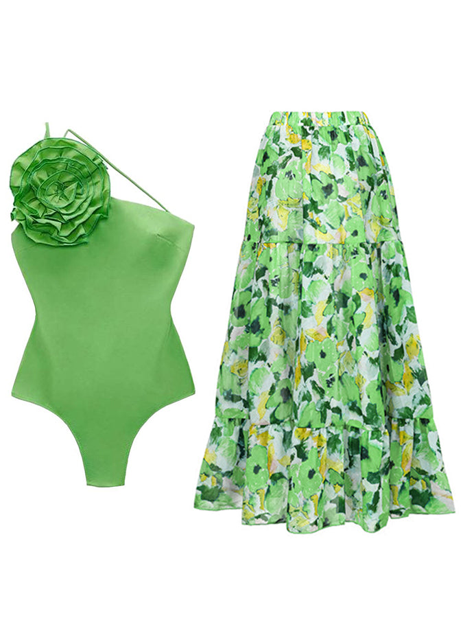 Fashion Flower Design Solid Color Beach One Piece Swimsuit