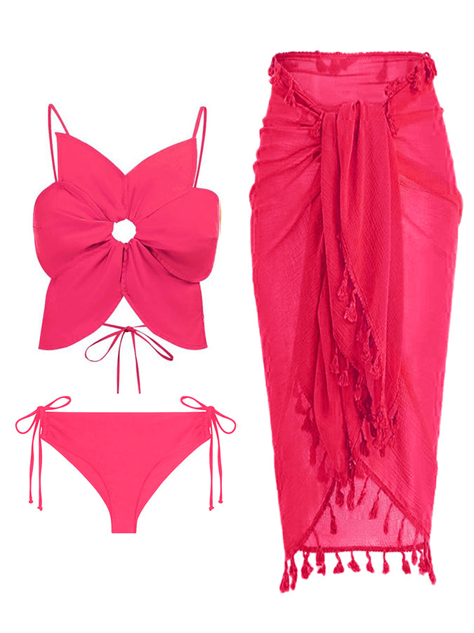 Fashion Retro Solid Beach Bikini Tassel Suit
