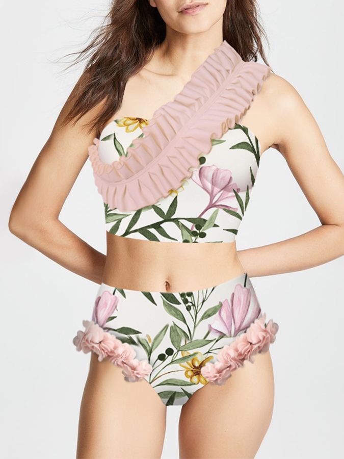 Ruffle One Shoulder Floral Printed Swimsuit and Skirt