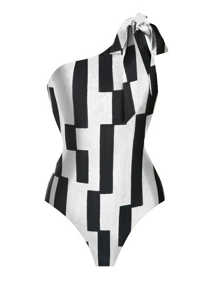 Black & White Offset Stripes Print One Shoulder One Piece Swimsuit And Cover Up