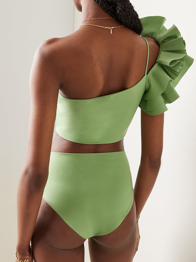 Solid Color 3D Flower Fashion Split Swimsuit