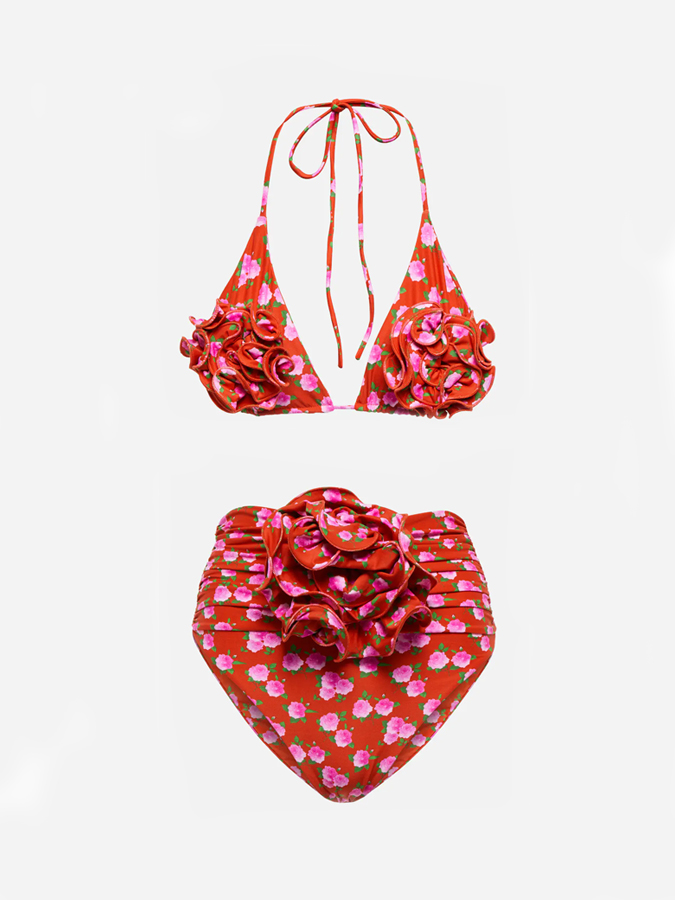 Floral Print Rose Decoration Bikini And Rose Print Cover up