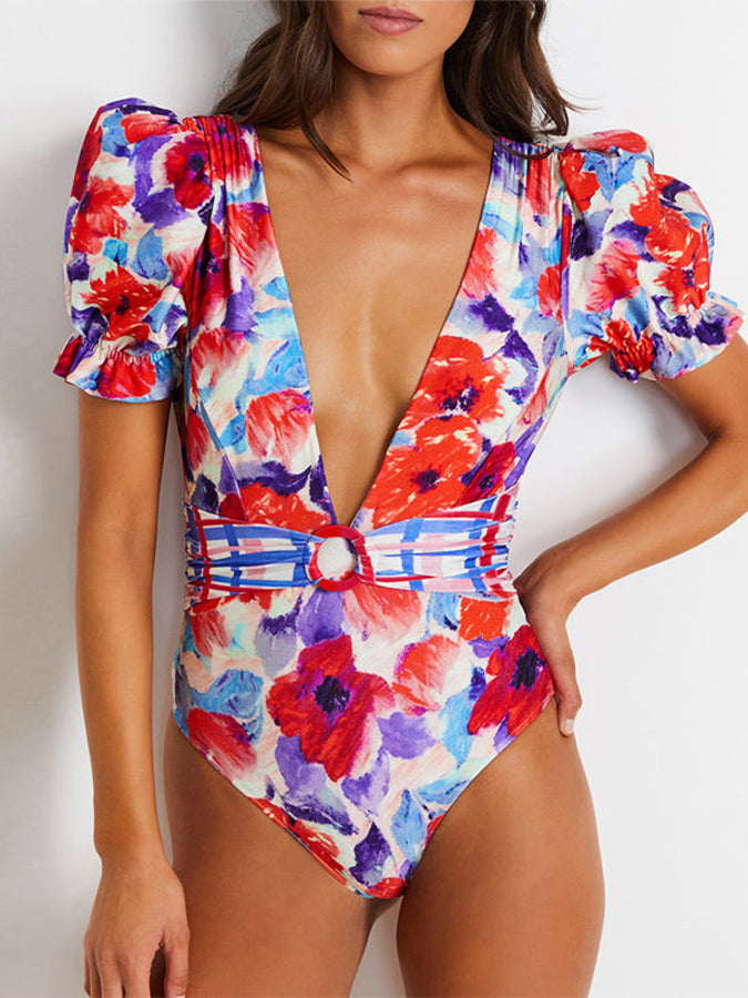 Fashion Floral Print One Piece Swimsuit and Cover Up