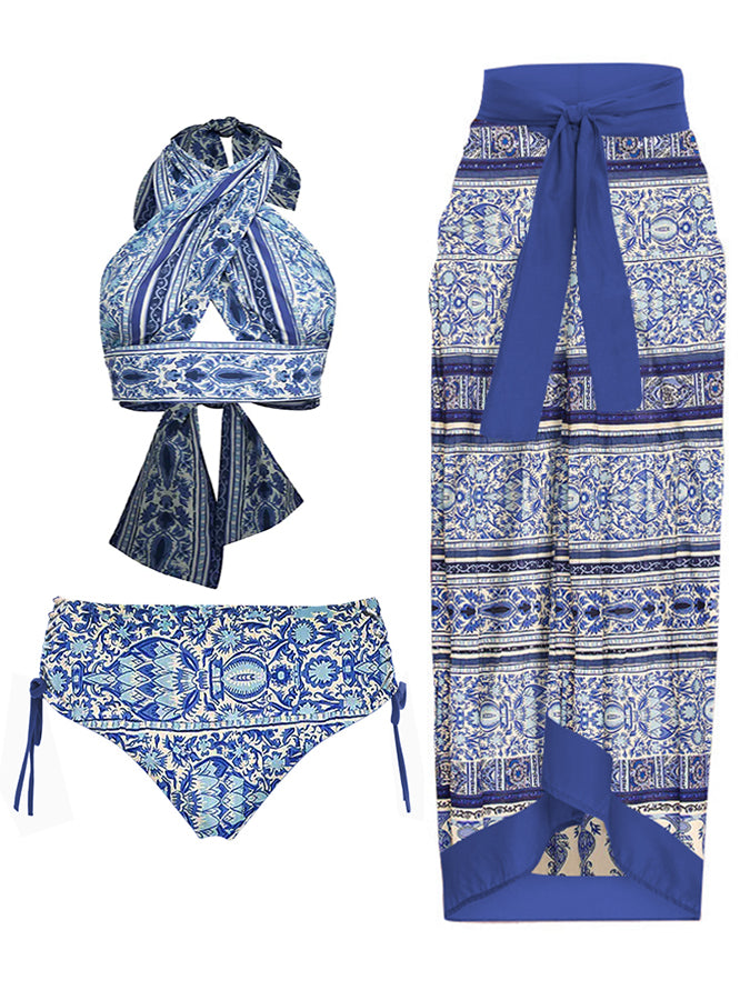 Blue Halter Print Bikini Swimsuit