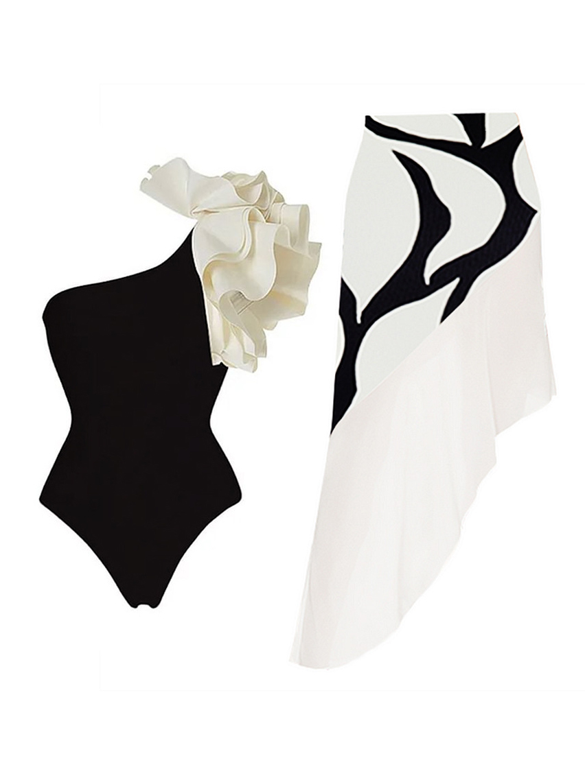 Sloping Shoulder Black One-Piece Swimsuit Beach Vacation Set