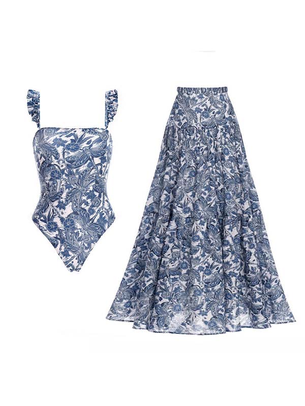 Blue Dragonfly Printed Swimsuit and Skirt