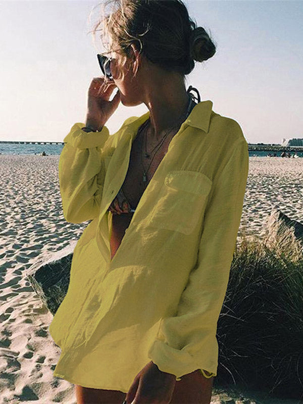 Simple Solid Color Button Long Sleeve Shirt-Style Cover-Up Swimwear