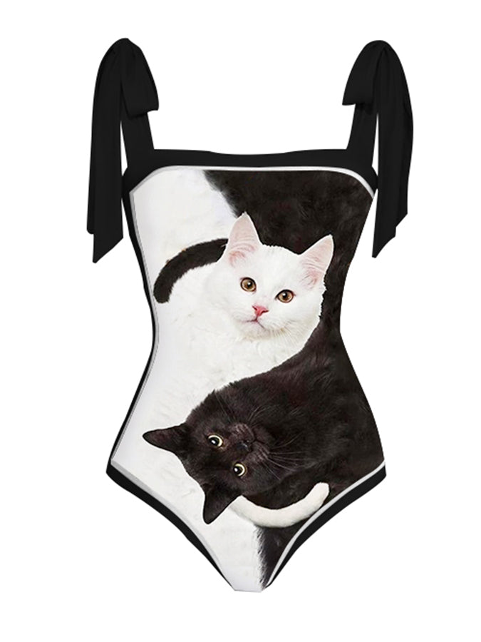 Vintage Colorblock Cat Print One-Piece Swimsuit Set