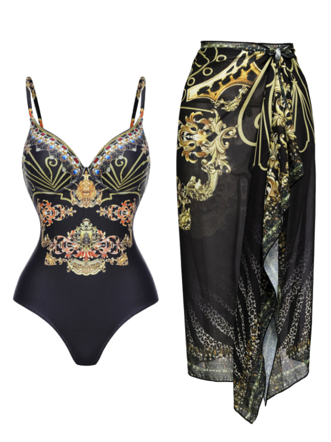 Ruffle Printed One Piece Swimsuit and Cover Up