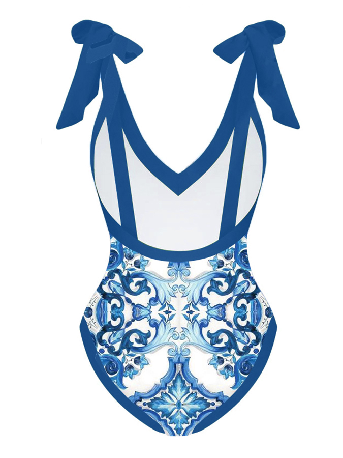 Fashion Vintage V-Neck Print One-Piece Swimsuit Set