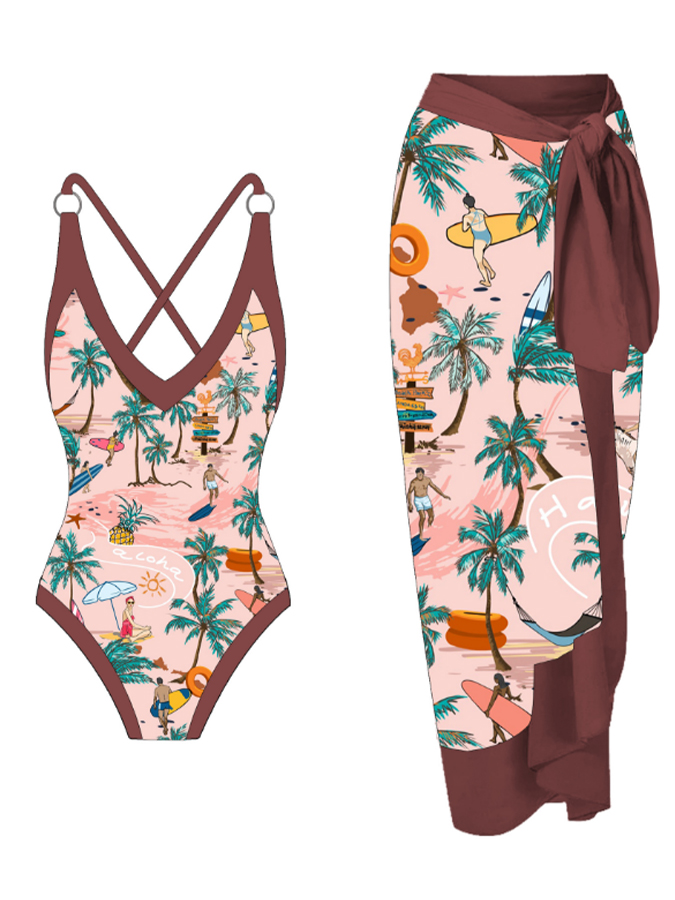 V-neck Hollow Printed Fashion One-Piece Swimsuit