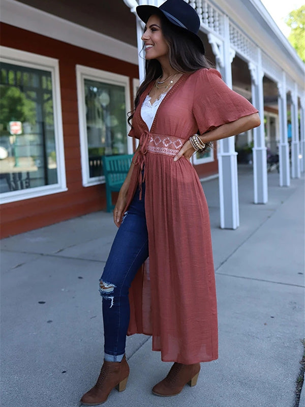 Deep V-Neck Solid Color Empire Bandage Lace-Up Cover-Up Swimwear