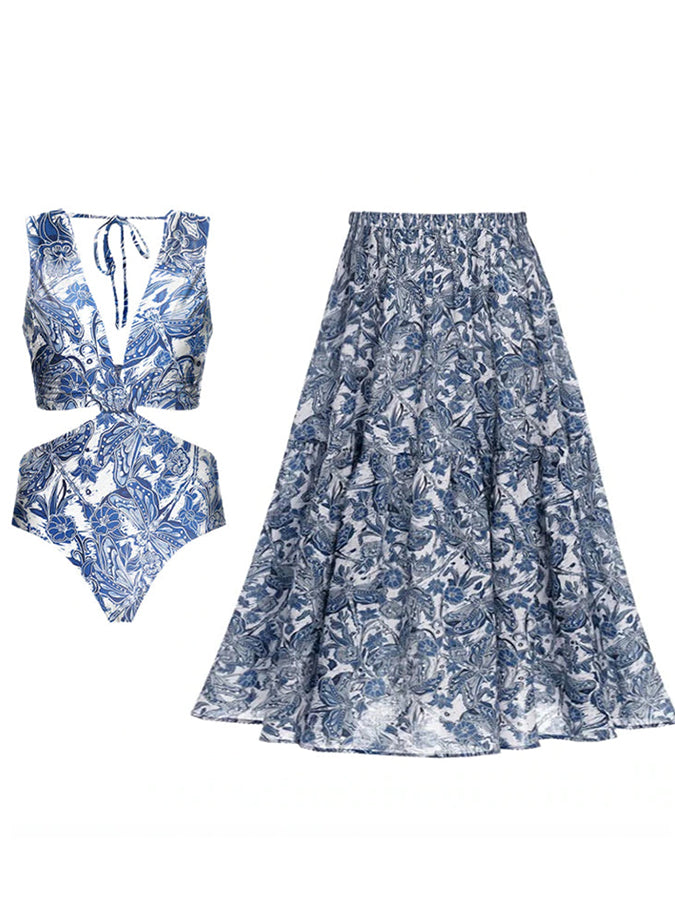 Deep V Print One Piece Swimsuit 