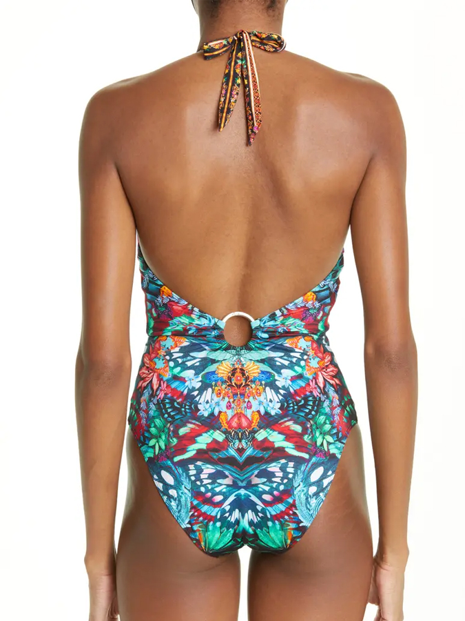 Vintage Butterfly Print Deep V One Piece Swimsuit And Cover up