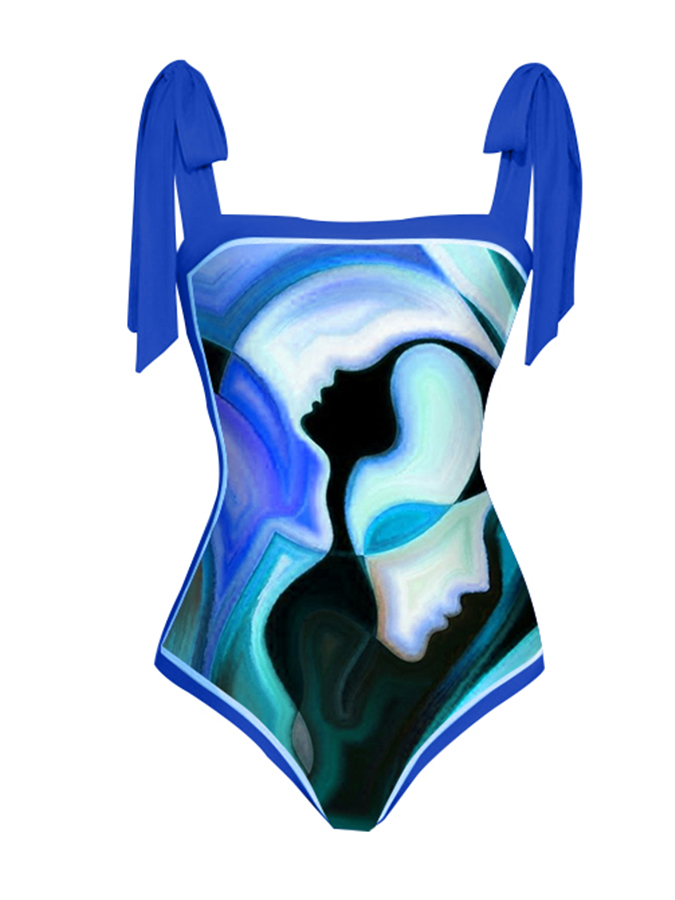 Fashion Vintage Abstract Print One Piece Swimsuit Set