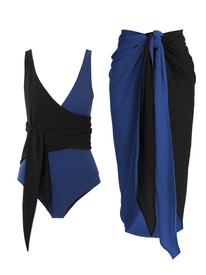 Black Blue Color Block Lace Up One Piece Swimsuit And Cover up