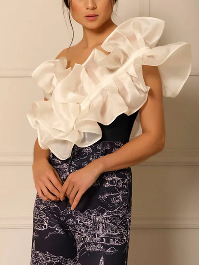 One shouder Ruffle Stitching One Piece Swimsuit and Cover-up